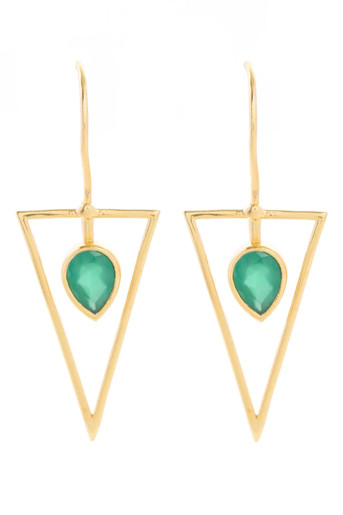 SAACHI Triangle open frame gemstone earrings featuring geometric design and colorful gemstones on silver-tone metal.