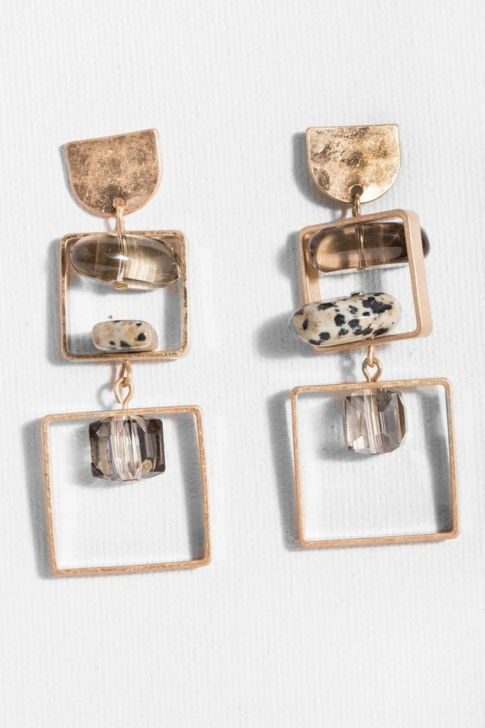 SAACHI bead and stone square dangle earrings with intricate design, showcasing colorful beads and a stylish hanging structure.