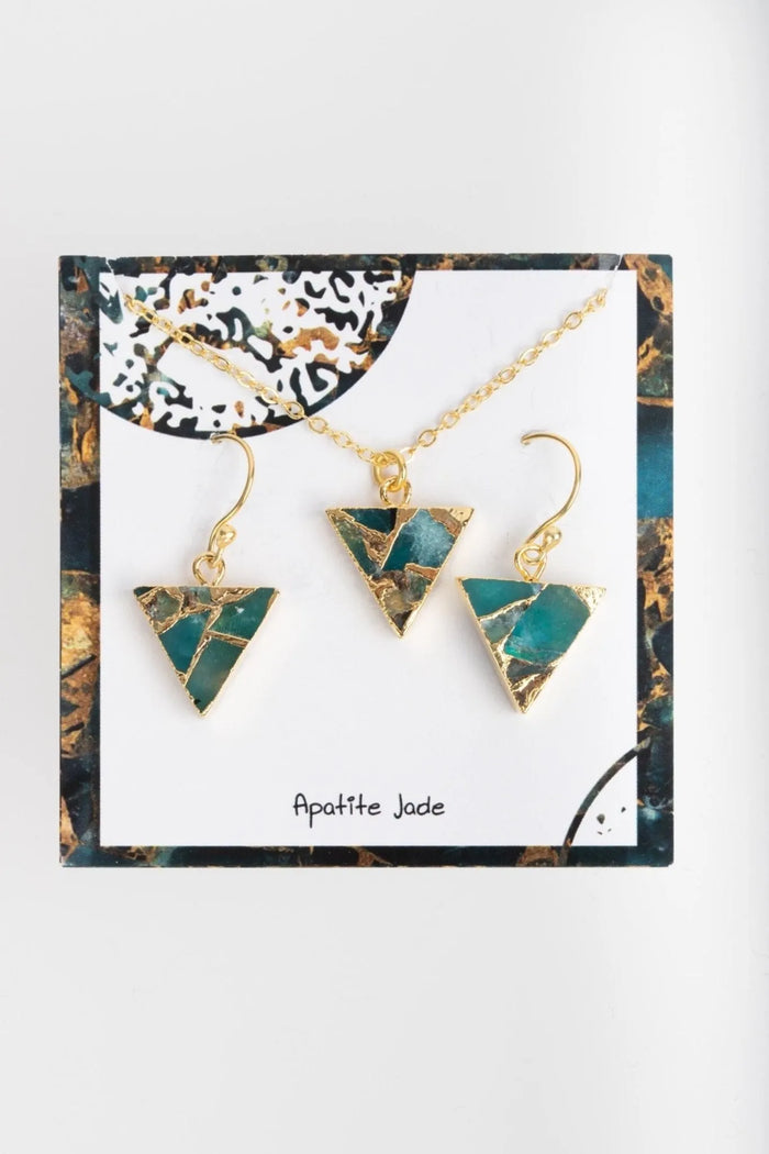 SAACHI Mojave Triangle mini earring and necklace jewelry set with geometric triangle designs on gold-tone metal.
