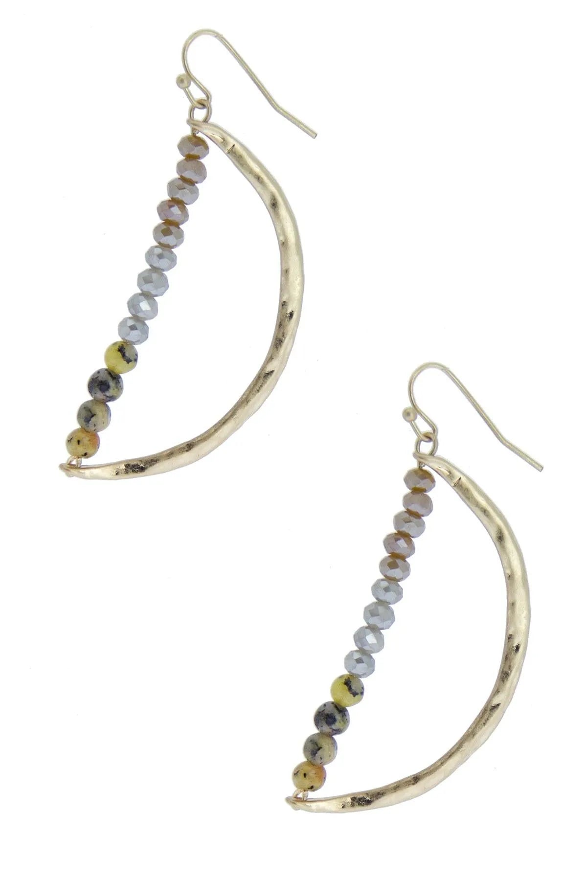 SAACHI glass bead semi-circle dangle earrings with colorful beads and silver hooks, stylish jewelry for casual or formal wear.