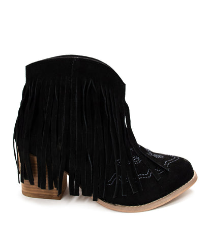 Amos Fringe Ankle Bootie in Black Suede