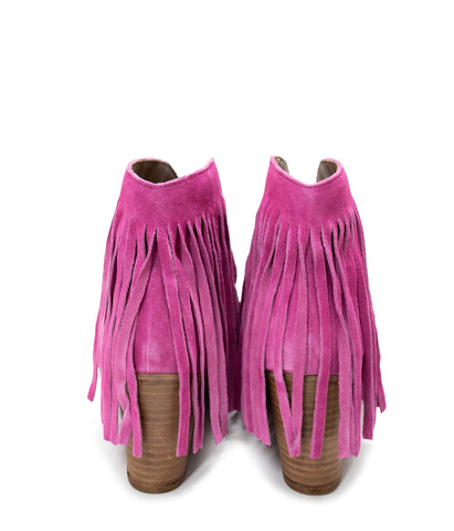 Amos Fringe Ankle Bootie in Magenta Suede