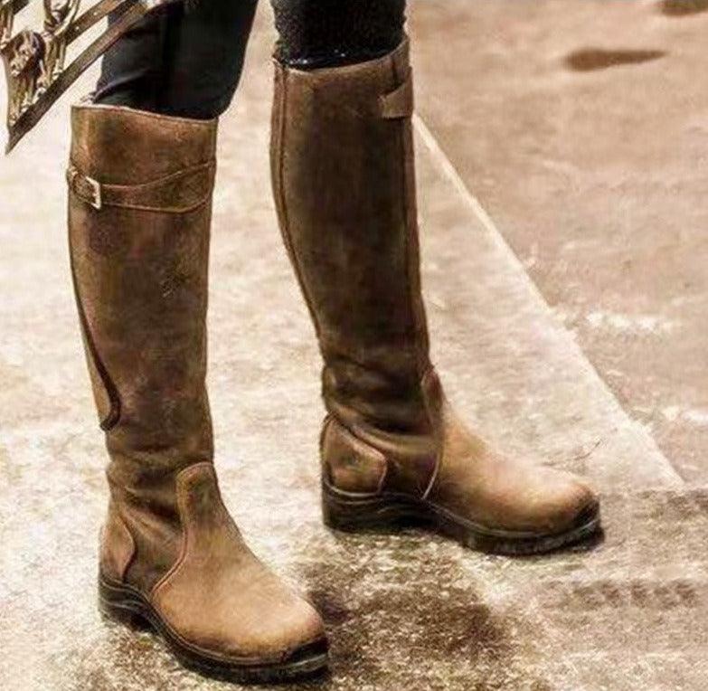 Vintage Ride Leather Boots - Stylish Retro Riding Boots for Trendy Women