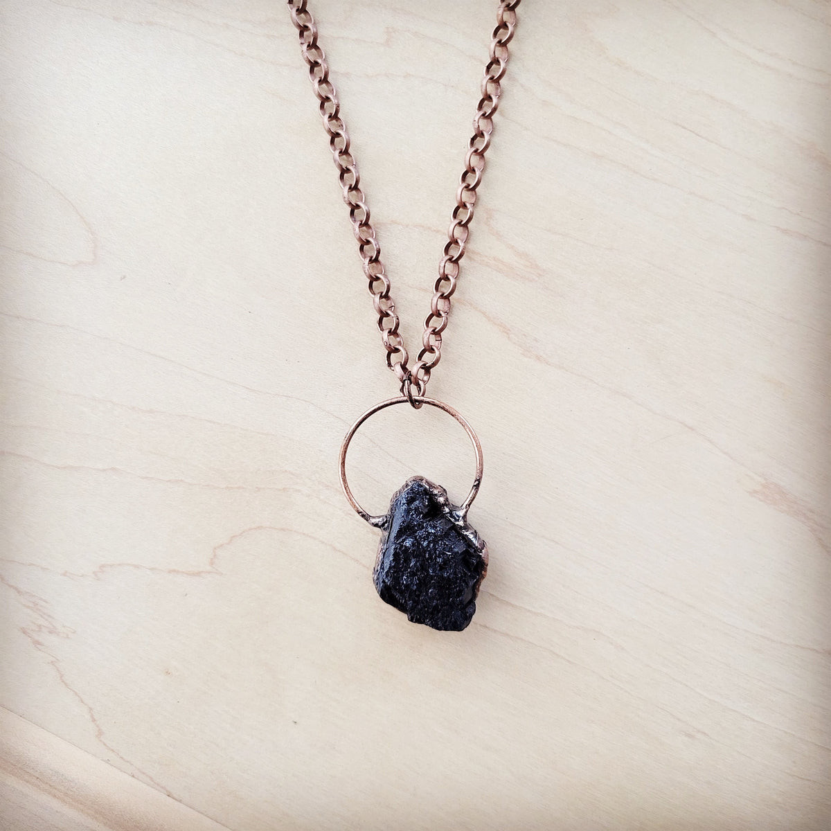 Long Copper Necklace with Black Agate Pendant 261r