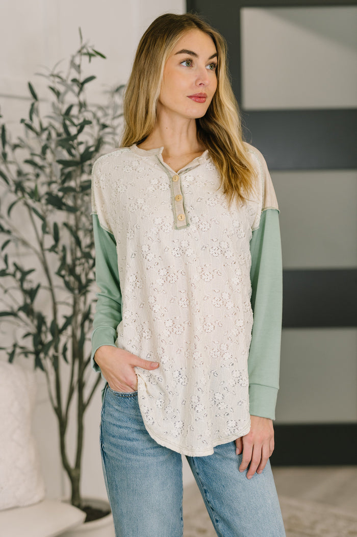 Beige drop shoulder Henley top from Ave Shops featuring a relaxed fit and button-front design, casual and stylish for everyday wear.