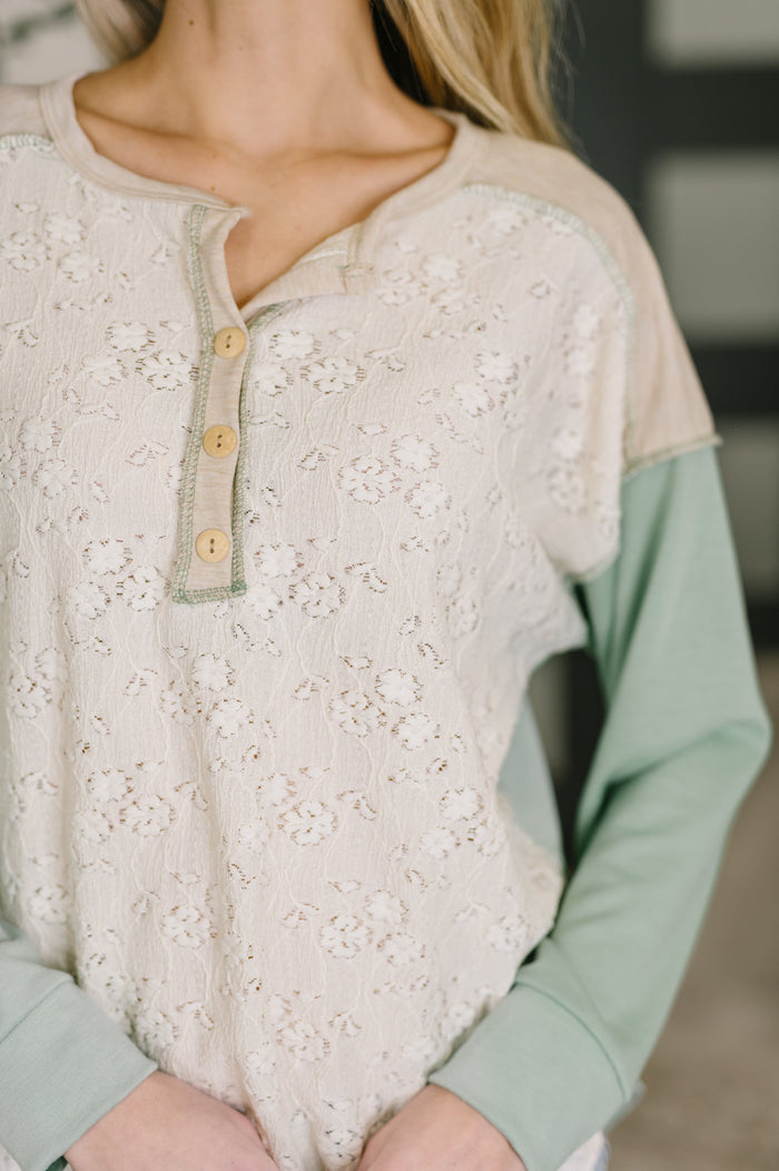 Light gray Because I Can Drop Shoulder Henley Top by Ave Shops, featuring a relaxed fit and button-front design.