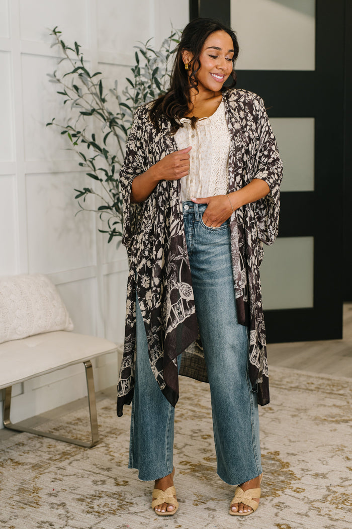Open front floral print kimono by Ave Shops, featuring lightweight fabric, vibrant flowers, and a flowy design for casual wear.