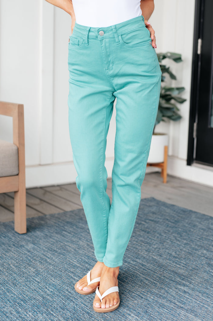 Bridgette High Rise Garment Dyed Slim Jeans in Aquamarine - The GlamBox Jewels Boutique