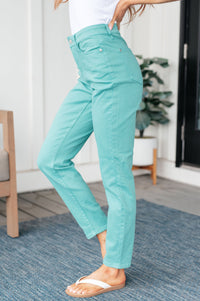 Bridgette High Rise Garment Dyed Slim Jeans in Aquamarine - The GlamBox Jewels Boutique