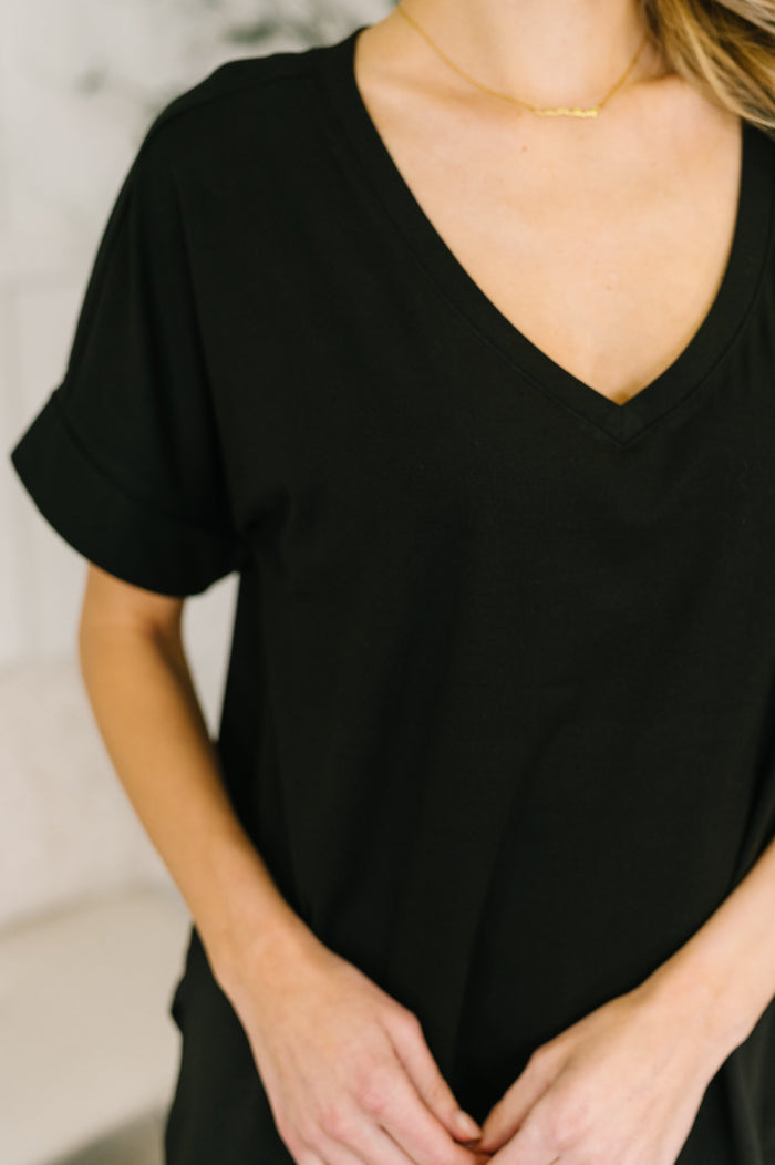 Black buttery soft V-neck bike short set for women by Ave Shops, featuring comfortable fit and stylish design.