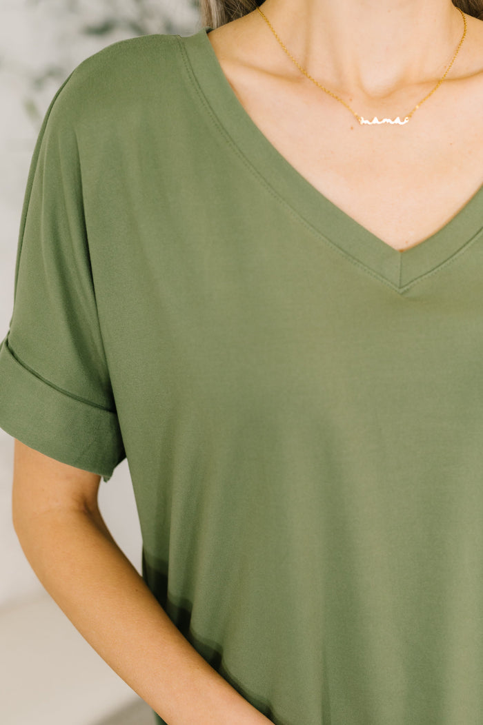 Womens buttery soft light olive V-neck bike short set by Ave Shops, featuring a comfortable, stylish two-piece athletic outfit.