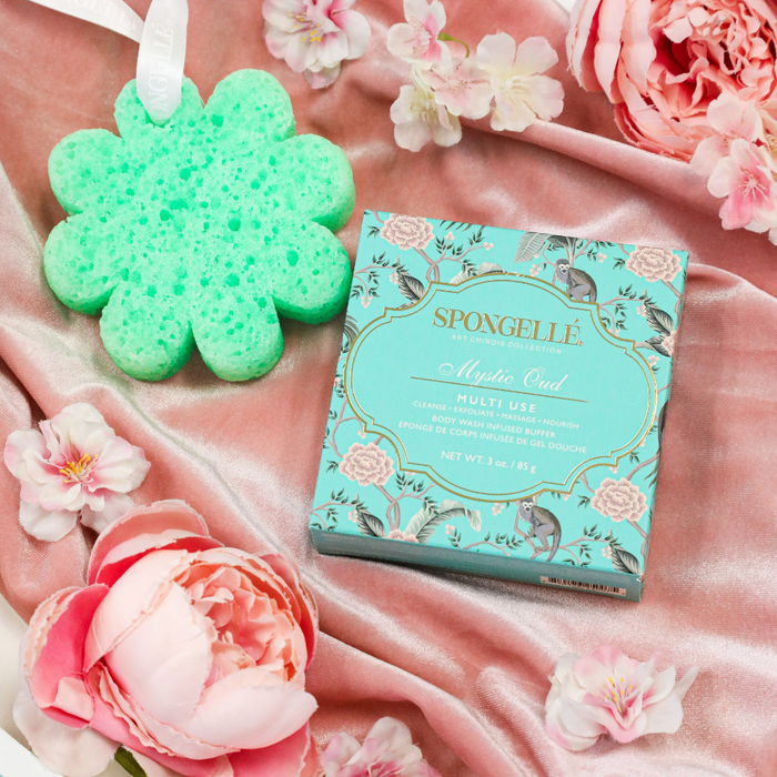 Spongellé Mystic Oud Art Chinois multi-use body buffer with body wash infusion, showcasing textured design and elegant packaging.
