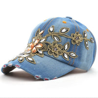 Gorra de béisbol vaquera con bordado de diamantes y flores