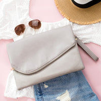 Gray foldover envelope clutch handbag by Aili's Corner with sleek design and foldover flap.