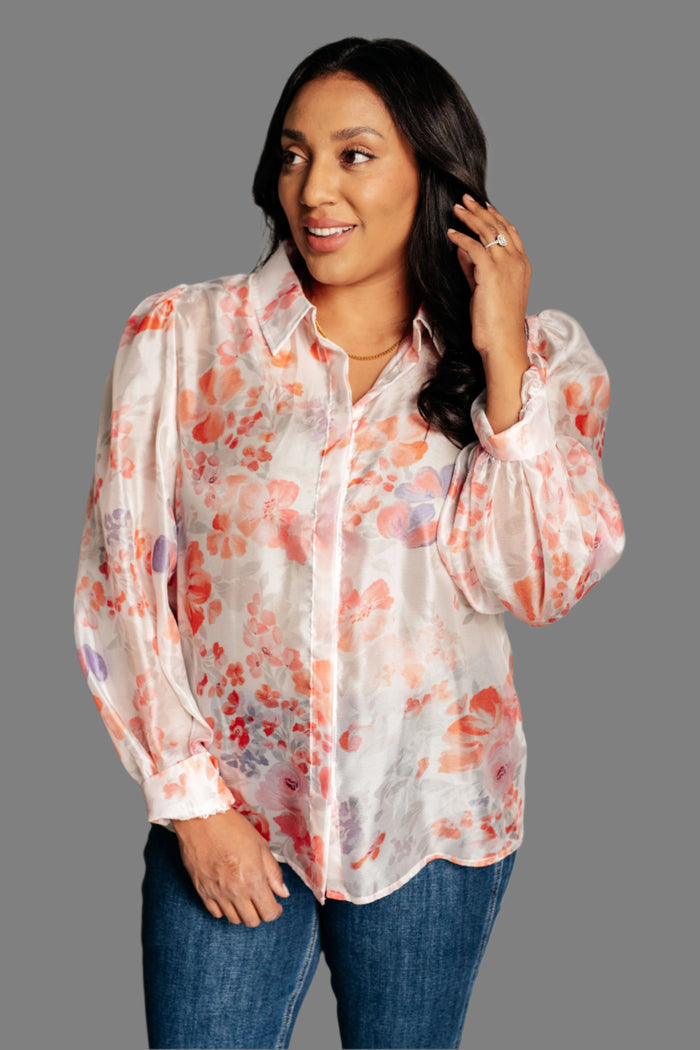 Call Me Back Sheer Floral Button Up Blouse