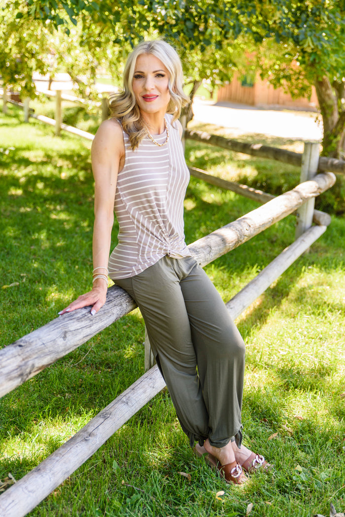 Ella striped tank top by Ave Shops featuring a fitted design with horizontal black and white stripes, sleeveless style, and crew neckline.