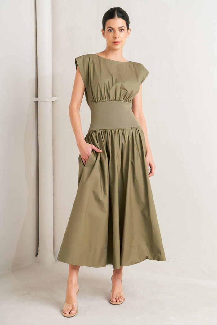 DREAMWEAVER ROMANTIC OLIVE WOVEN MIDI DRESS