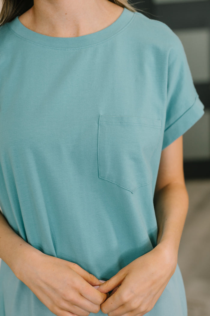 Dusty teal short sleeve midi dress by Ave Shops, featuring a relaxed fit and simple elegant design.