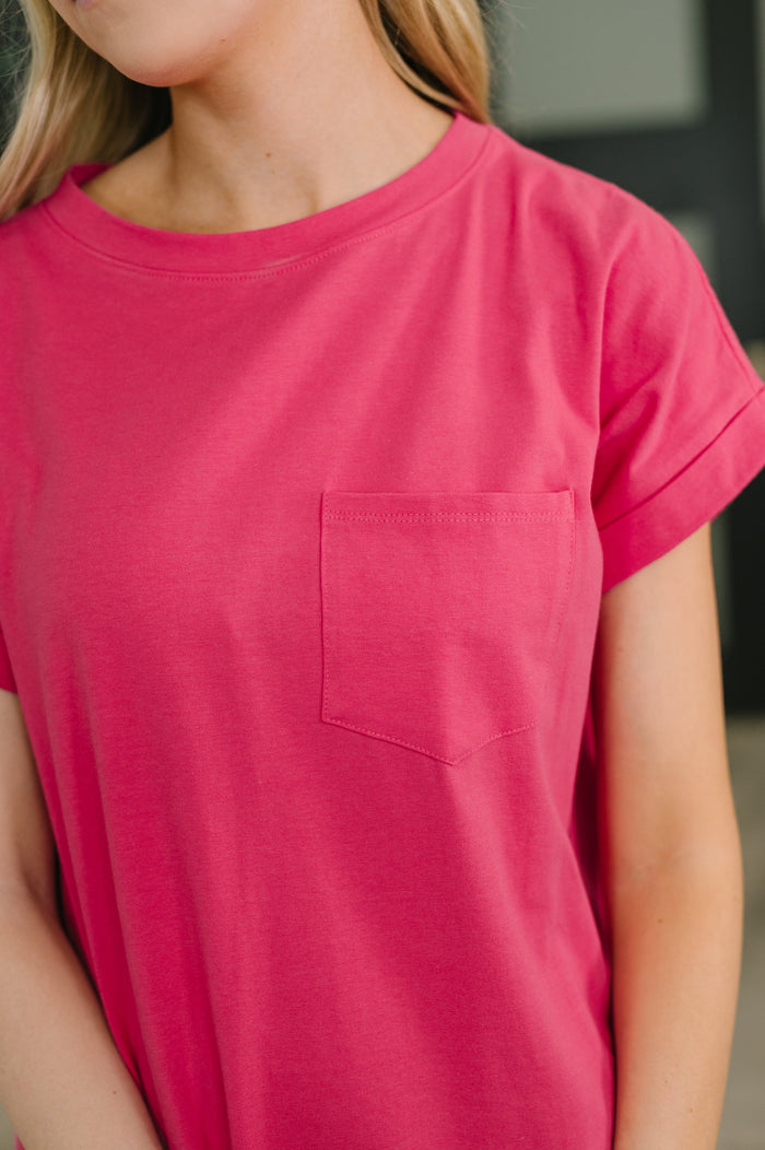 Hot pink short sleeve midi dress from Ave Shops, featuring a fitted silhouette and stylish design.