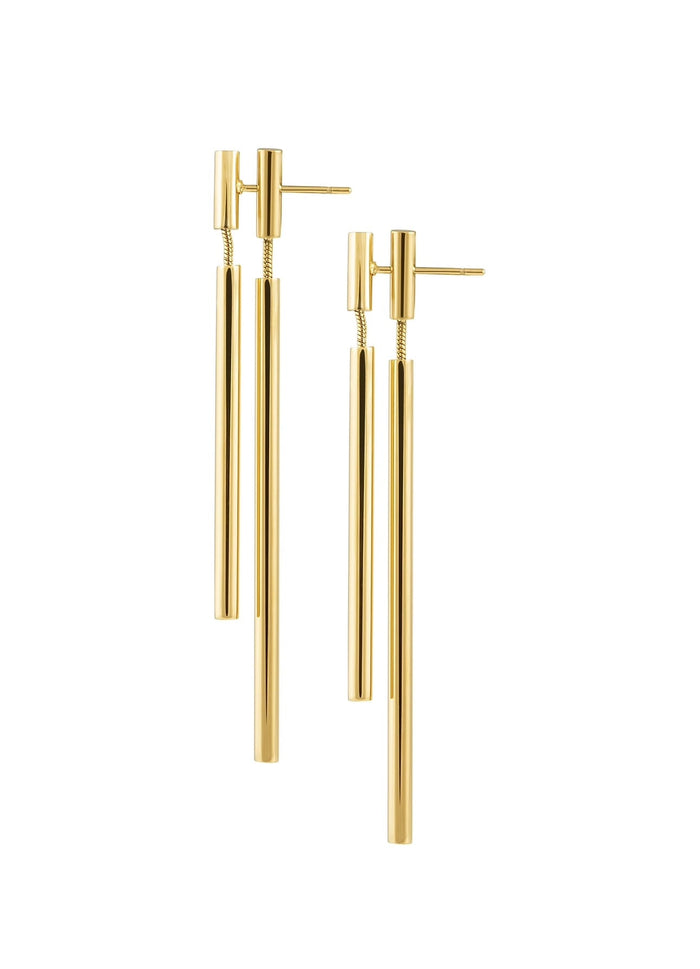 Sahira Jewelry Design double bar earrings with sleek, modern stainless steel bars on a white background.