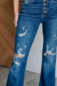 Gabriella Mid Rise Distressed Button Fly Flare Jeans