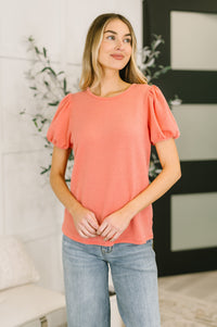 Coral balloon sleeve blouse from Grace & Virtue featuring soft fabric and stylish design, perfect for casual or dressy occasions.