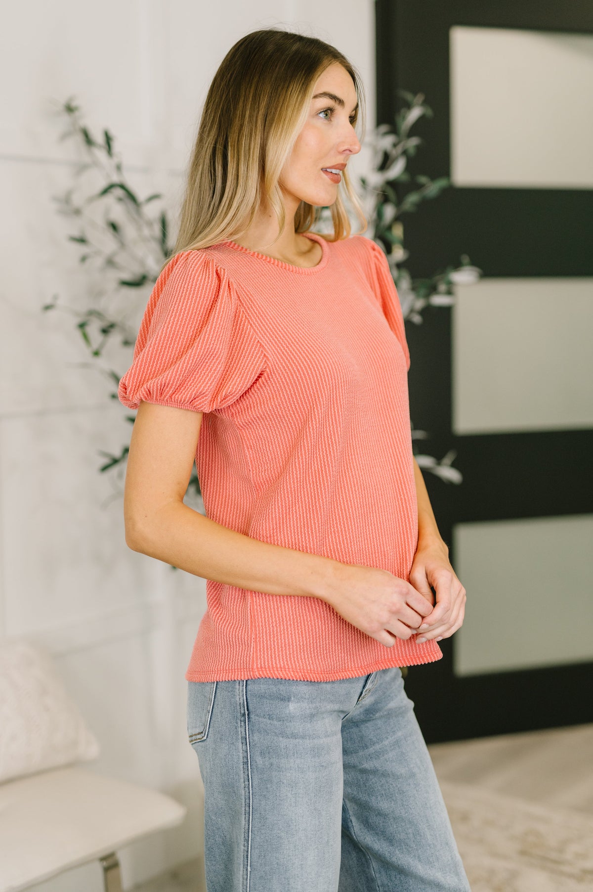 Coral balloon sleeve blouse by Grace & Virtue featuring puffed sleeves and a relaxed fit, perfect for casual or dressy occasions.
