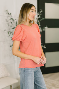 Coral balloon sleeve blouse by Grace & Virtue featuring puffed sleeves and a relaxed fit, perfect for casual or dressy occasions.