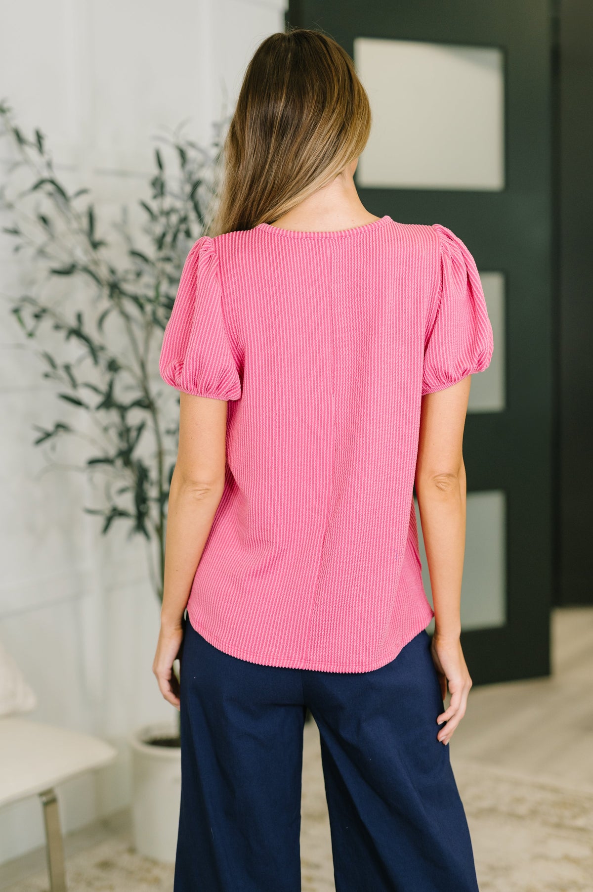 Fuchsia balloon sleeve blouse from Grace & Virtue, styled with a relaxed fit and lightweight fabric, perfect for casual or office wear.