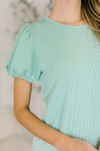 Mint green balloon sleeve blouse from Grace & Virtue featuring a relaxed fit and stylish design, perfect for casual or office wear.
