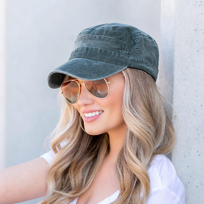 Distressed army-style cadet cap from Aili's Corner, featuring a rugged, vintage look with a structured brim and faded finish.
