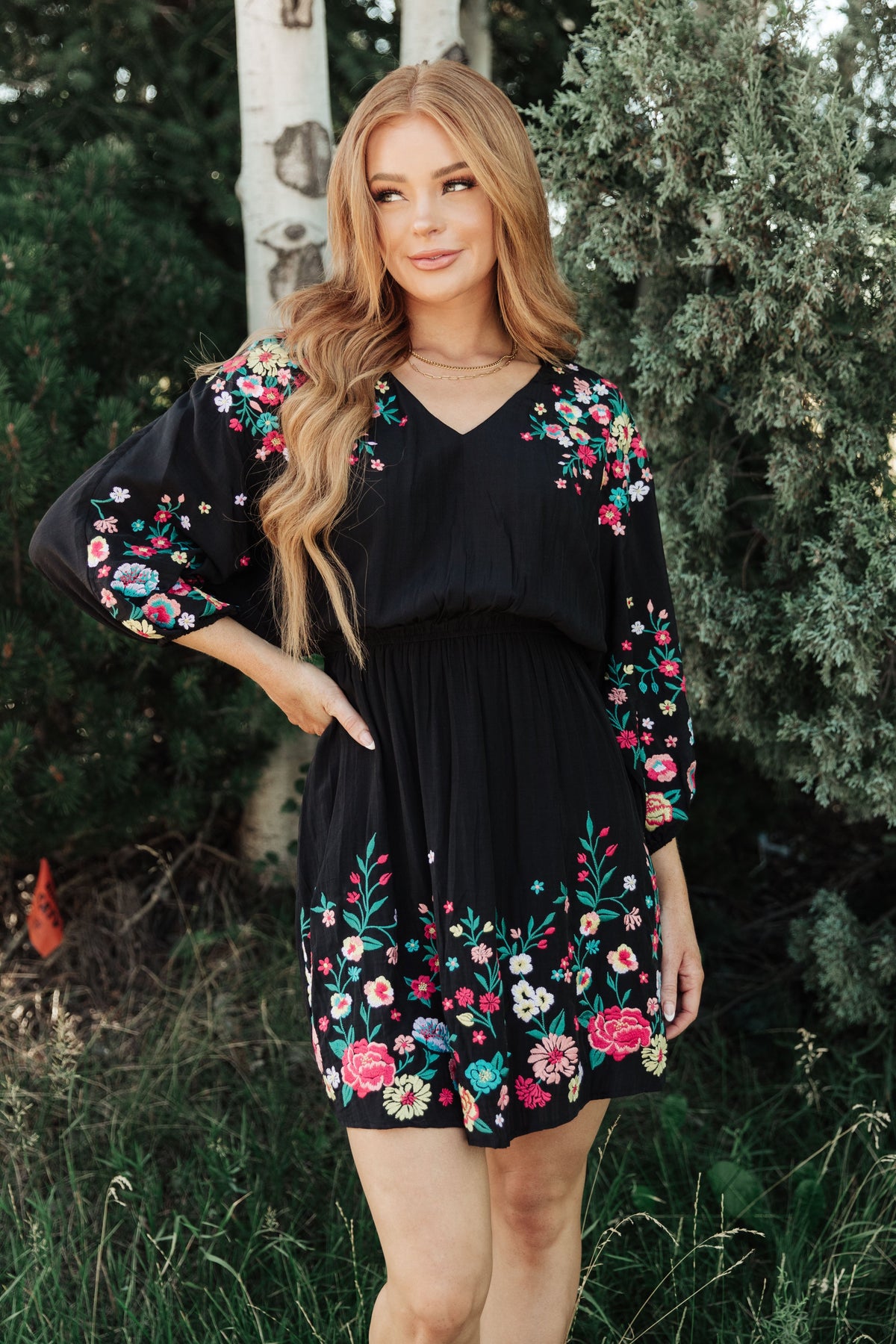 Floral embroidered dress by Ave Shops with colorful flower patterns, lightweight fabric, and a stylish fit.
