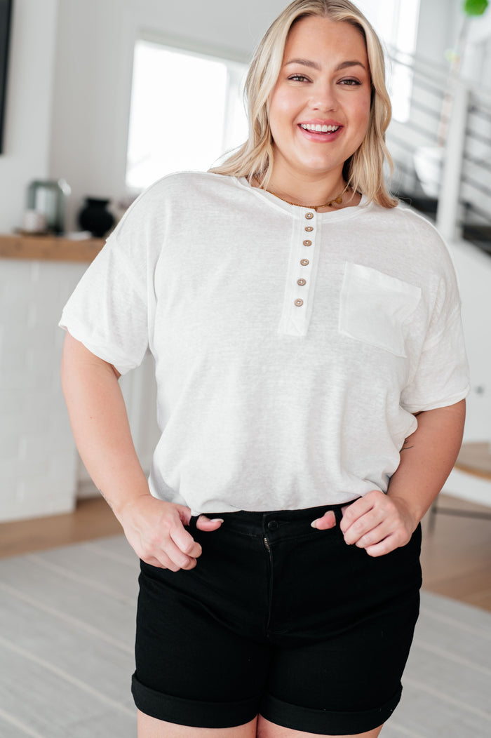 Hipster Henley top from Ave Shops, casual blouse with buttoned neckline, long sleeves, and relaxed fit in soft fabric.