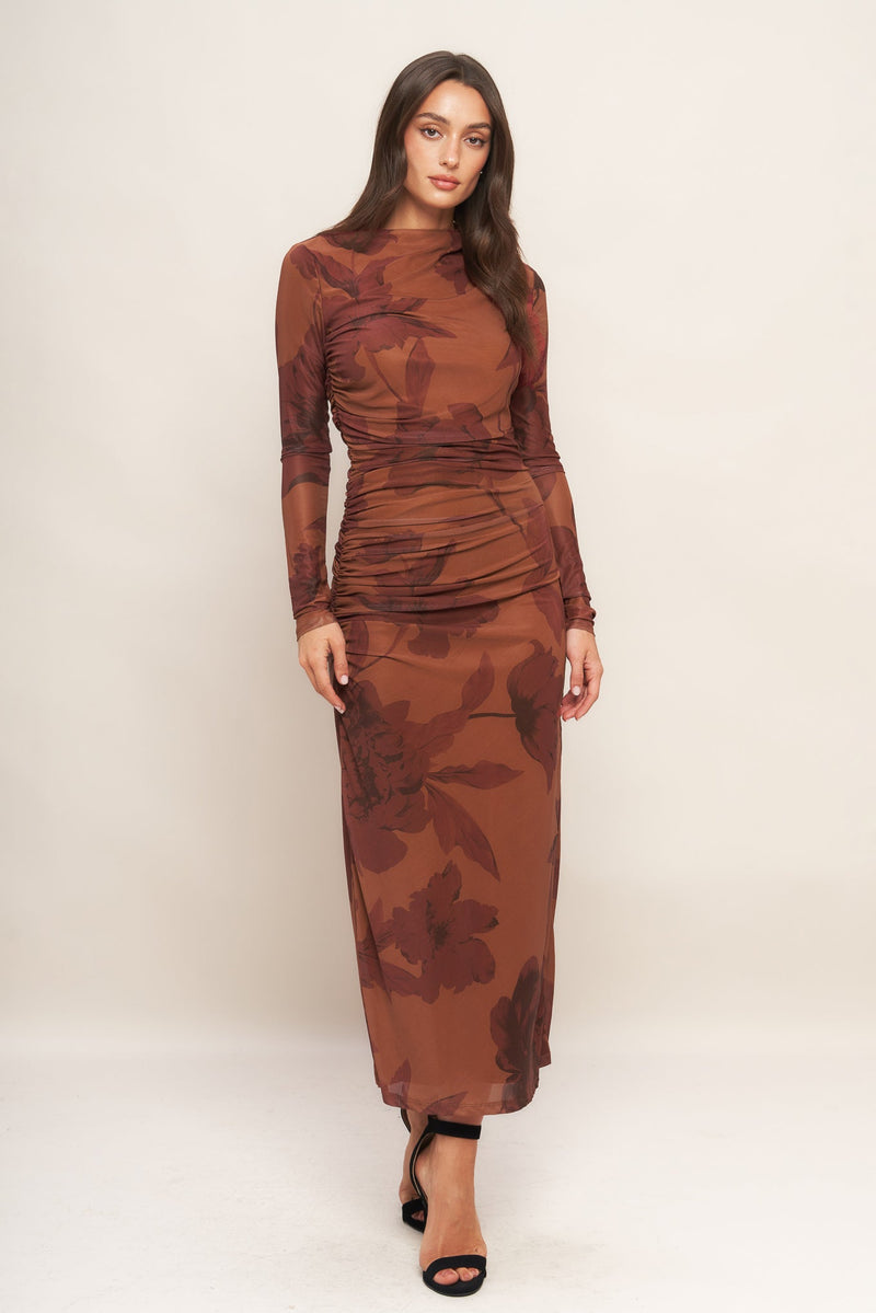 AMBER FLORA POWER MESH MIDI DRESS