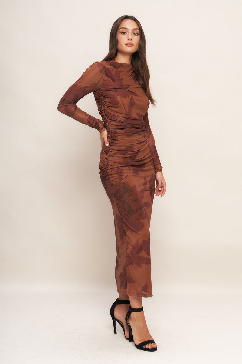 AMBER FLORA POWER MESH MIDI DRESS