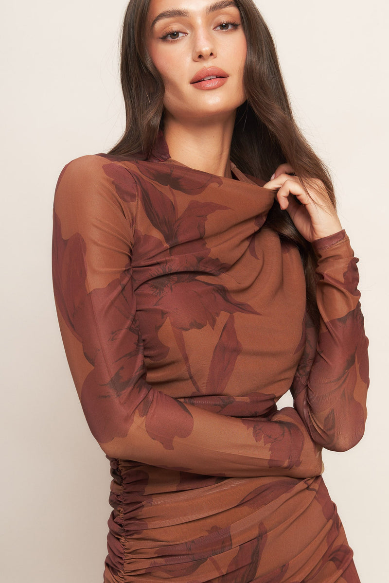 AMBER FLORA POWER MESH MIDI DRESS
