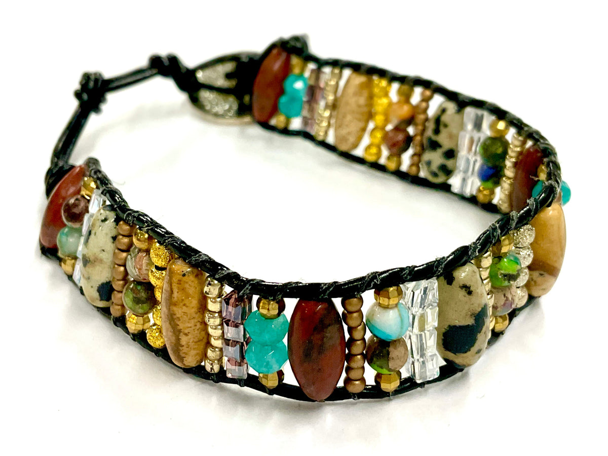 Natural Stone & Wood Beaded Bracelet - Boho Leather Closure