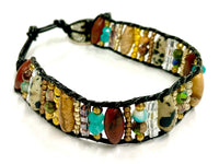 Natural Stone & Wood Beaded Bracelet - Boho Leather Closure