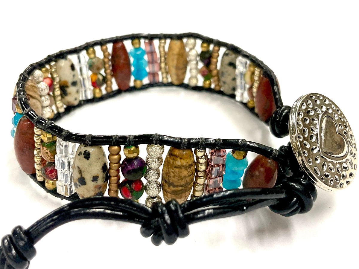 Natural Stone & Wood Beaded Bracelet - Boho Leather Closure