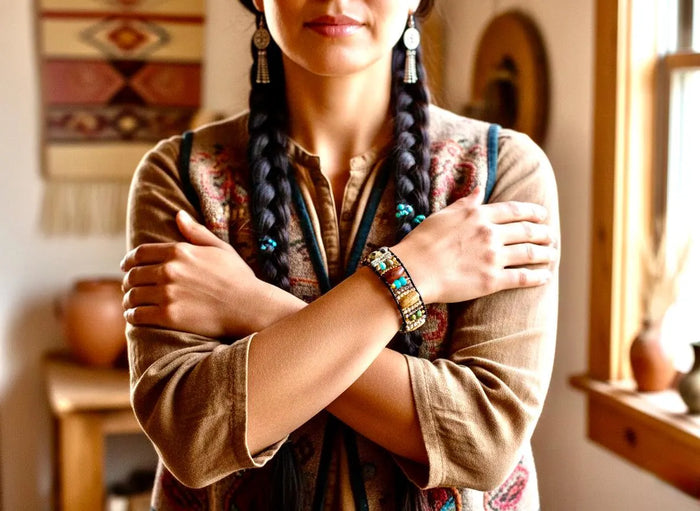 Natural Stone & Wood Beaded Bracelet - Boho Leather Closure