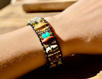 Natural Stone & Wood Beaded Bracelet - Boho Leather Closure