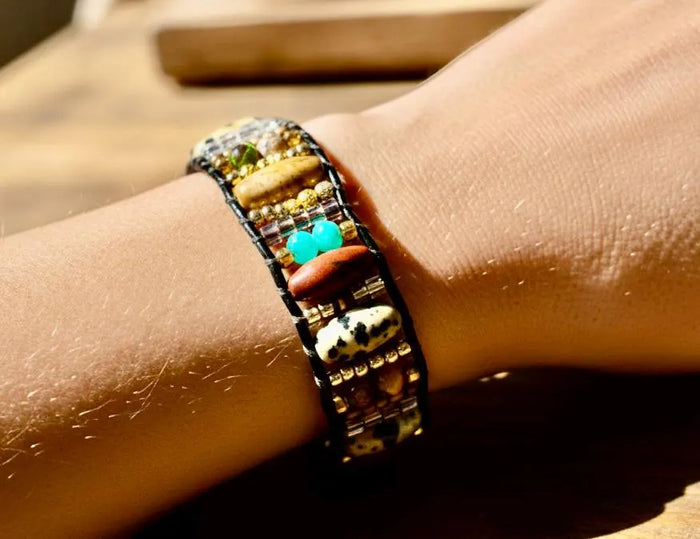 Natural Stone & Wood Beaded Bracelet - Boho Leather Closure