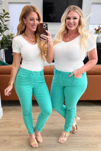 Bridgette High Rise Garment Dyed Slim Jeans in Aquamarine - The GlamBox Jewels Boutique