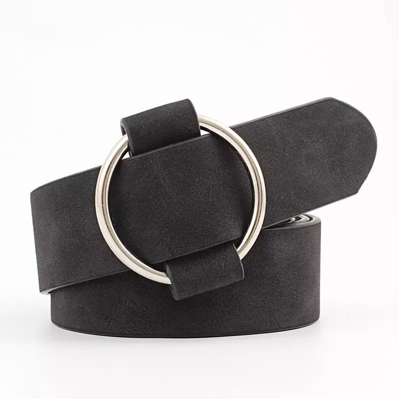Aili's Corner Everyday O Ring Belt shown in black leather with silver O-ring buckle, stylish and versatile accessory.