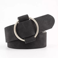 Aili's Corner Everyday O Ring Belt shown in black leather with silver O-ring buckle, stylish and versatile accessory.