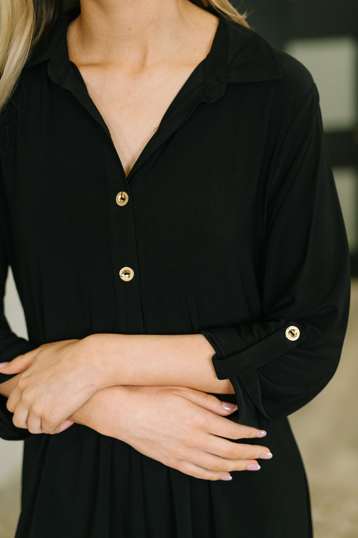 Black Inspire collared neck dress by Ave Shops, stylish sleeveless dress with a fitted silhouette and button details.