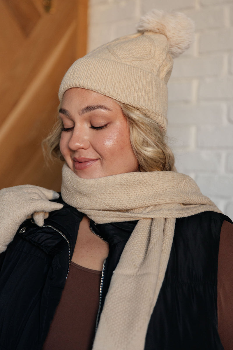 Jane Frost Beanie, Glove, and Scarf Set in Beige