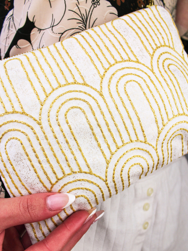 Josephine Embroidered Gold and White Wristlet Purse