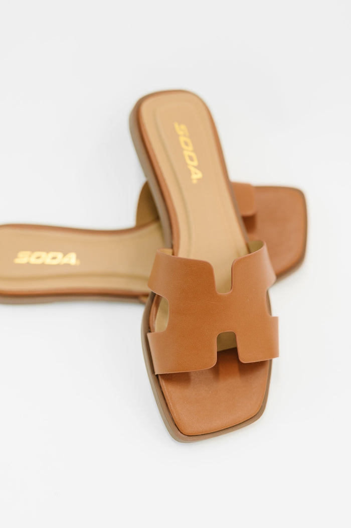 Knit square toe slide-on sandal in cognac by Ave Shops, featuring a comfortable slip-on design and stylish knit upper.