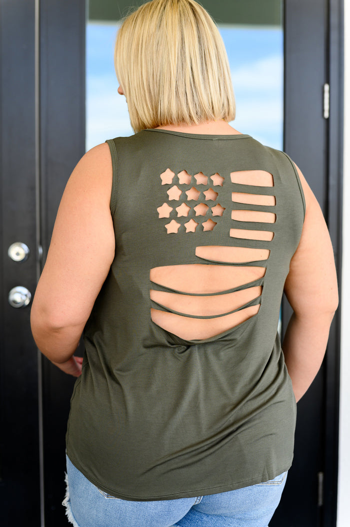 Olive green Land of the Free tank top by Ave Shops, casual sleeveless blouse with a relaxed fit and round neckline.